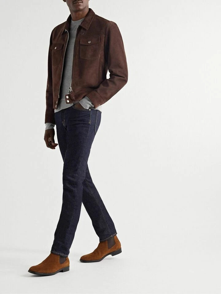Men's Dark Chocolate Brown Suede Original Premium Leather Trucker Jacket