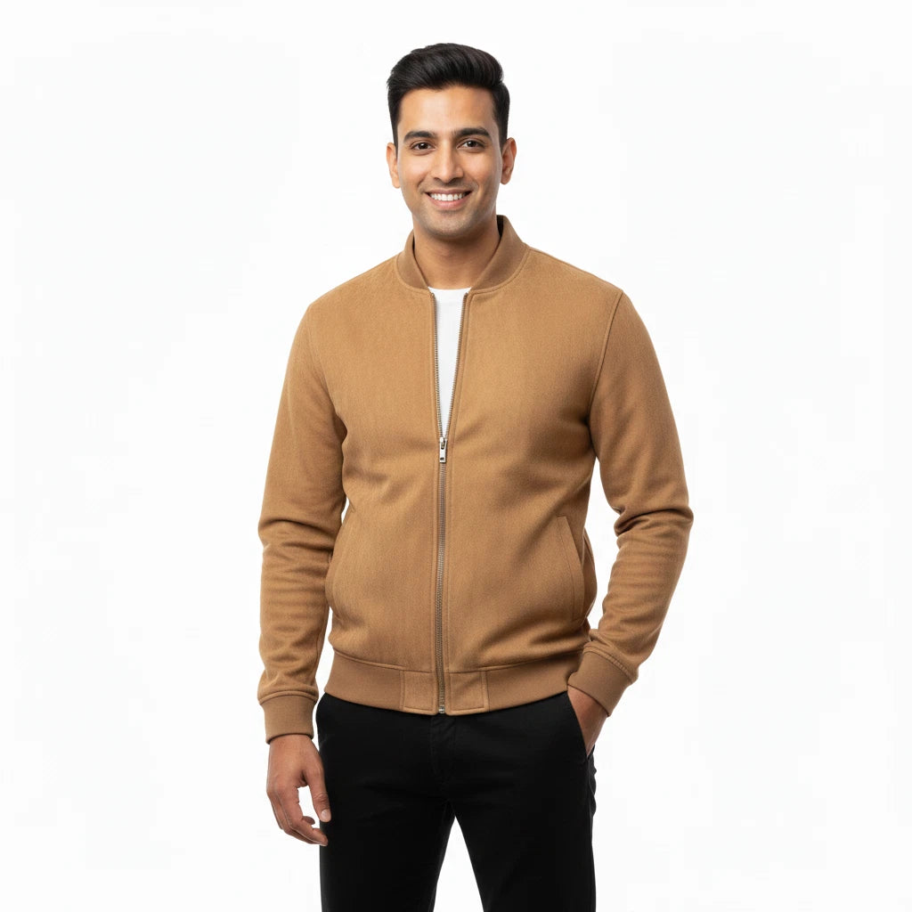 Men's Camel Tan Suede Original Premium Leather Stand-Collar Bomber Jacket