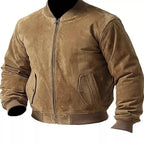 Men's Washed Khaki Distressed Suede Original Leather Bomber Jacket