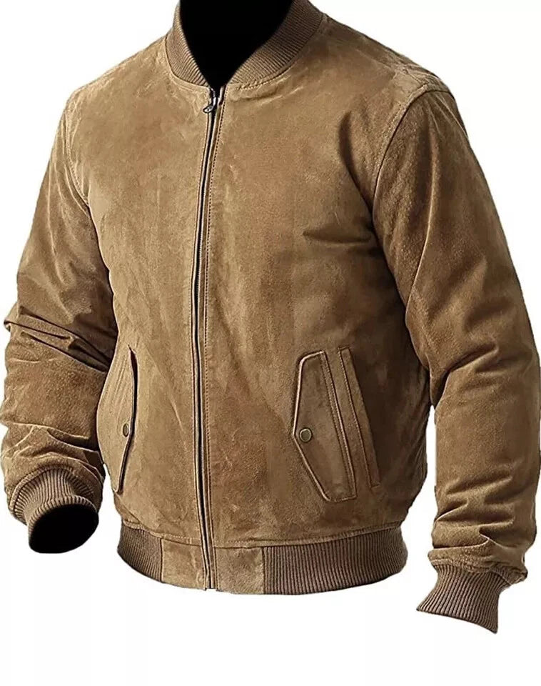 Men's Washed Khaki Distressed Suede Original Leather Bomber Jacket