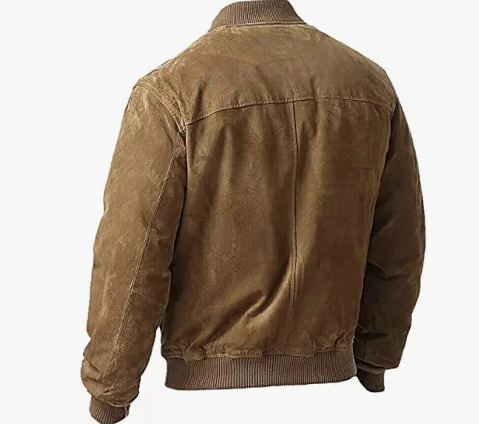 Men's Washed Khaki Distressed Suede Original Leather Bomber Jacket