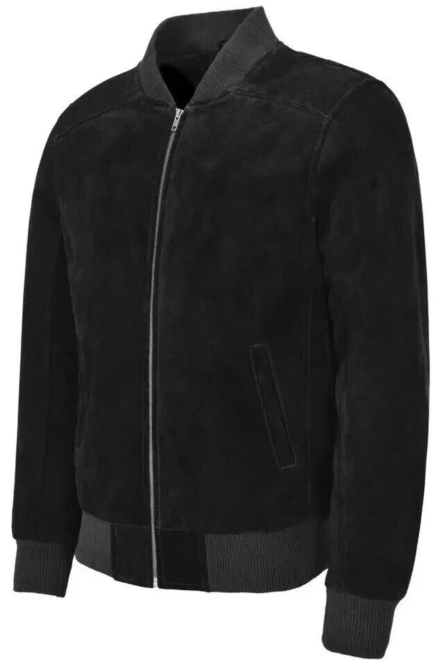 Men's Jet Black Suede Original Premium Leather Bomber Jacket