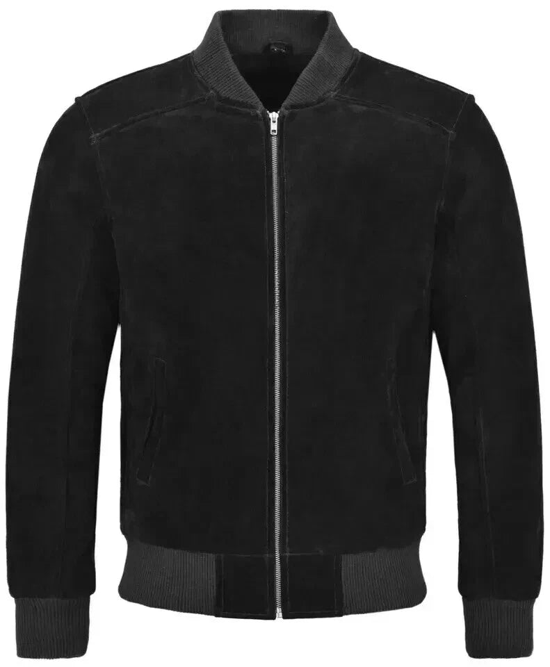 Men's Jet Black Suede Original Premium Leather Bomber Jacket