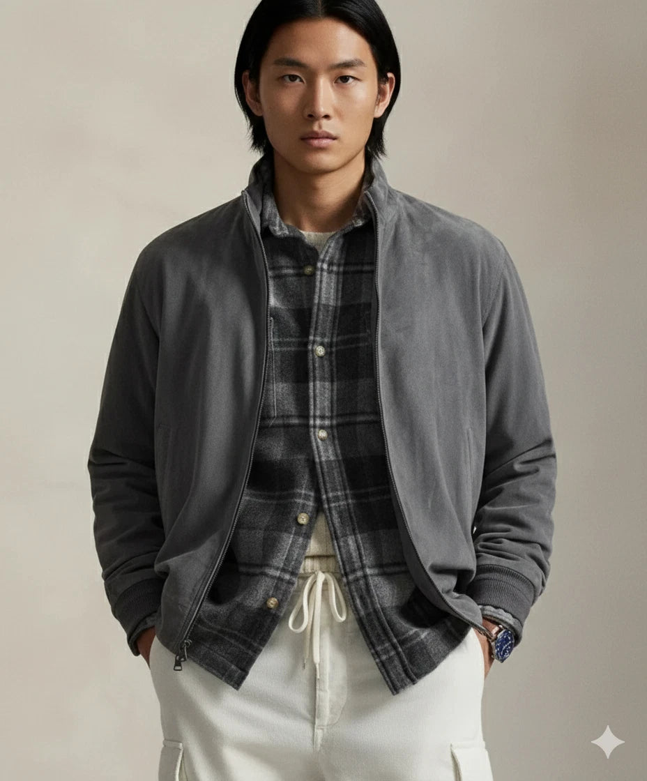 Men's Washed Charcoal Grey Suede Premium Original Leather Harrington Jacket