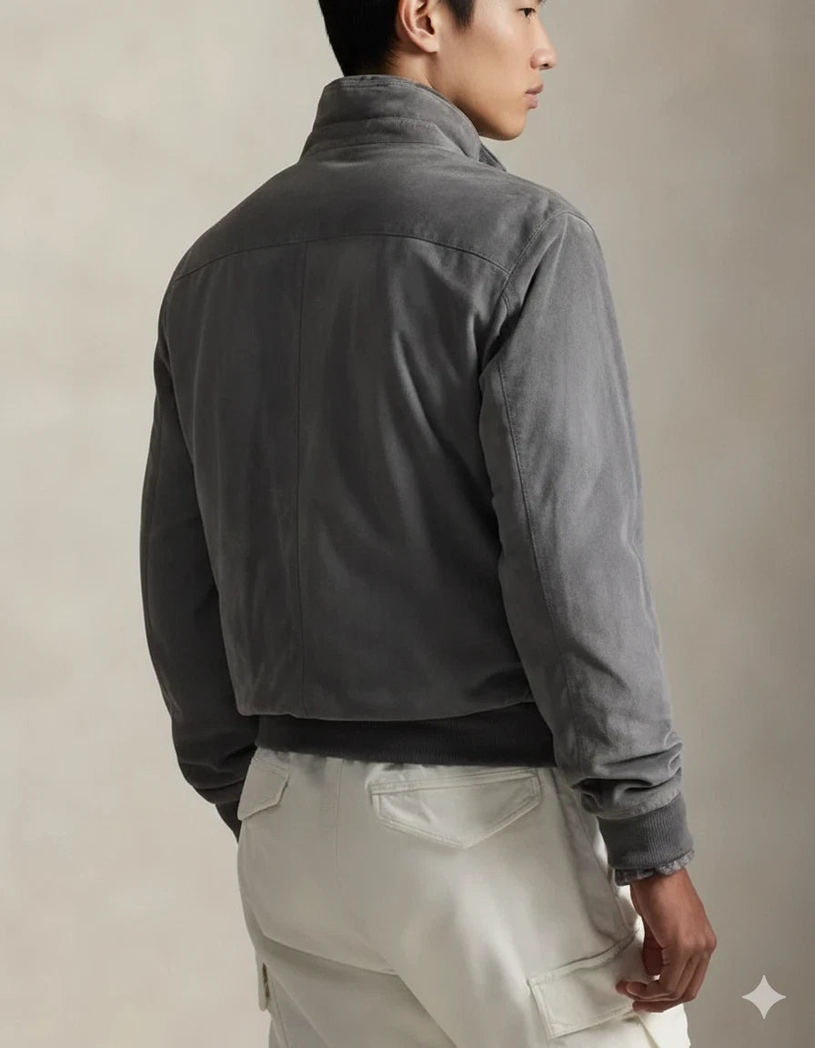 Men's Washed Charcoal Grey Suede Premium Original Leather Harrington Jacket
