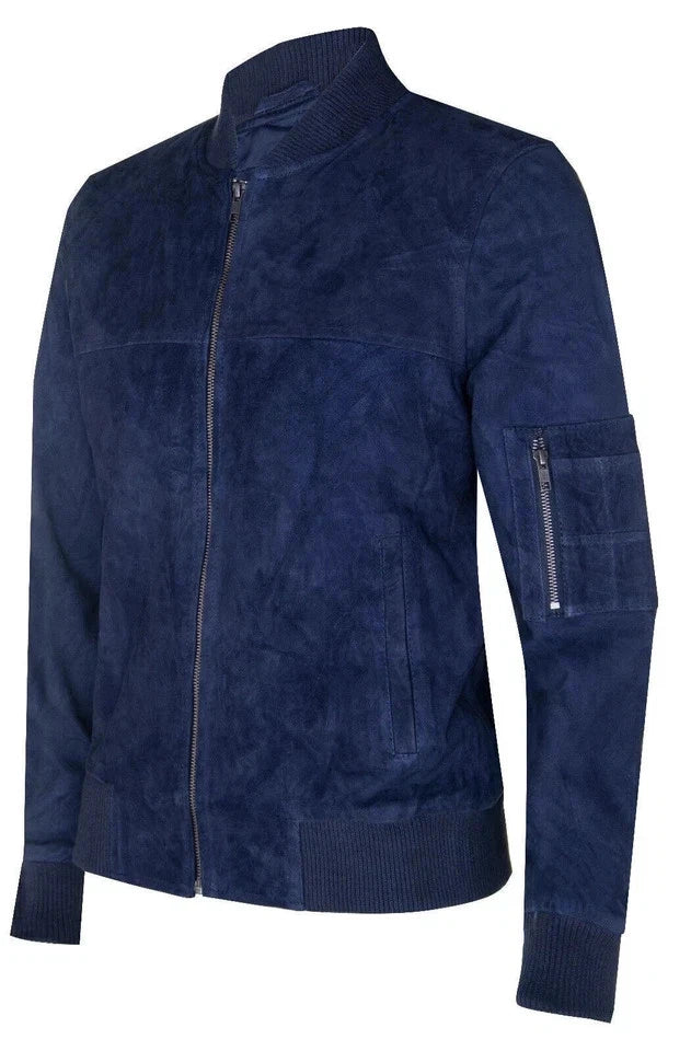 Men's Royal Navy Blue Suede Original Premium Leather MA-1 Bomber Jacket