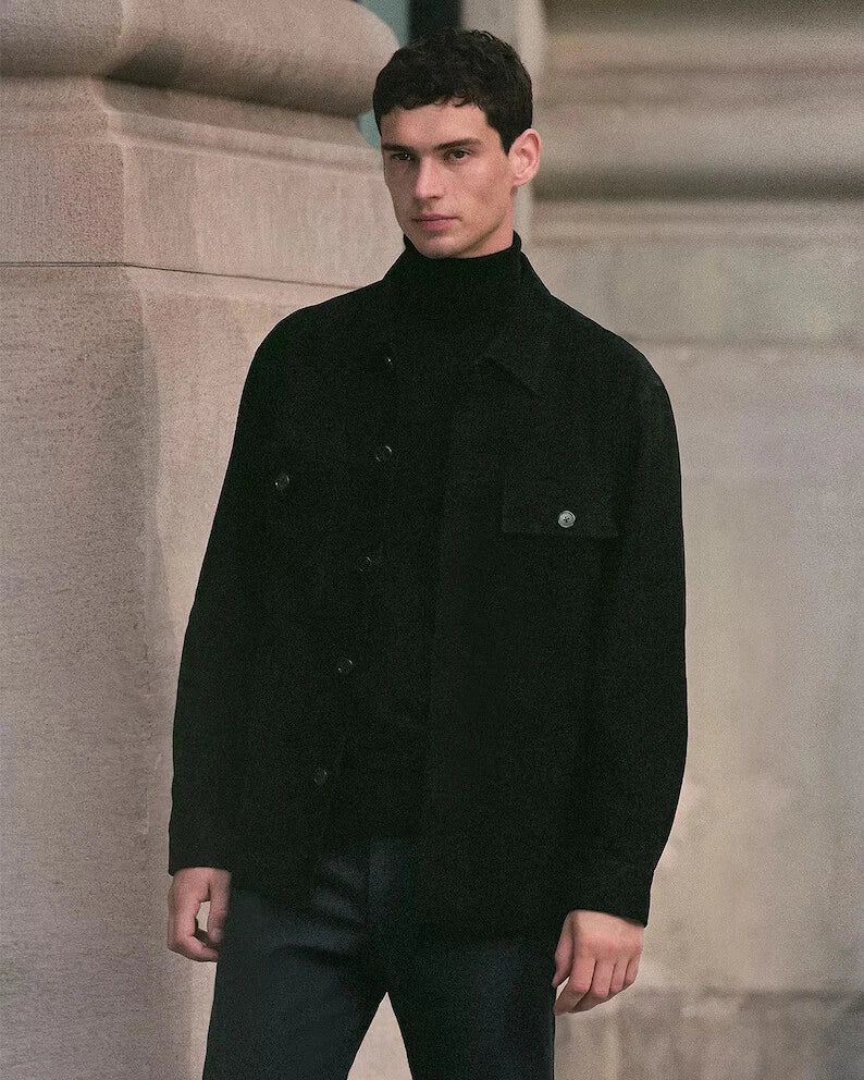 Men's Jet Black Suede Original Premium Leather Double-Breasted Overshirt Jacket