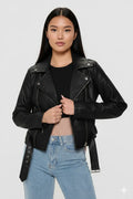 Women's Black Premium Lambskin Original Leather Biker Jacket – bomber jacket, front view – Kamercio