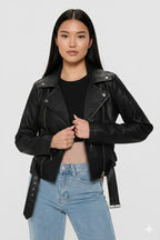 Women's Black Premium Lambskin Original Leather Biker Jacket – bomber jacket, front view – Kamercio