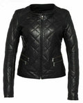 Women's Black Quilted Lambskin Original Premium Leather Jacket – bomber jacket, front view – Kamercio
