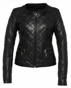 Women's Black Quilted Lambskin Original Premium Leather Jacket – bomber jacket, front view – Kamercio