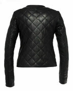 Women's Black Quilted Lambskin Original Premium Leather Jacket – bomber jacket, back view – Kamercio