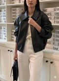 Women's Black Lambskin Original Premium Leather Bomber Jacket – front view – Kamercio