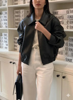 Women's Black Lambskin Original Premium Leather Bomber Jacket – front view – Kamercio
