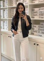 Women's Black Lambskin Original Premium Leather Bomber Jacket – side view – Kamercio