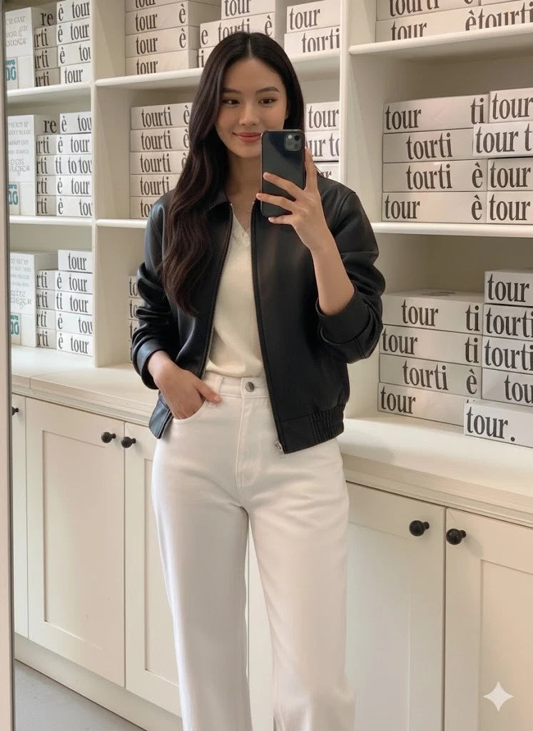 Women's Black Lambskin Original Premium Leather Bomber Jacket