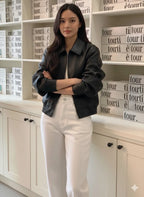 Women's Black Lambskin Original Premium Leather Bomber Jacket – worn on model – Kamercio