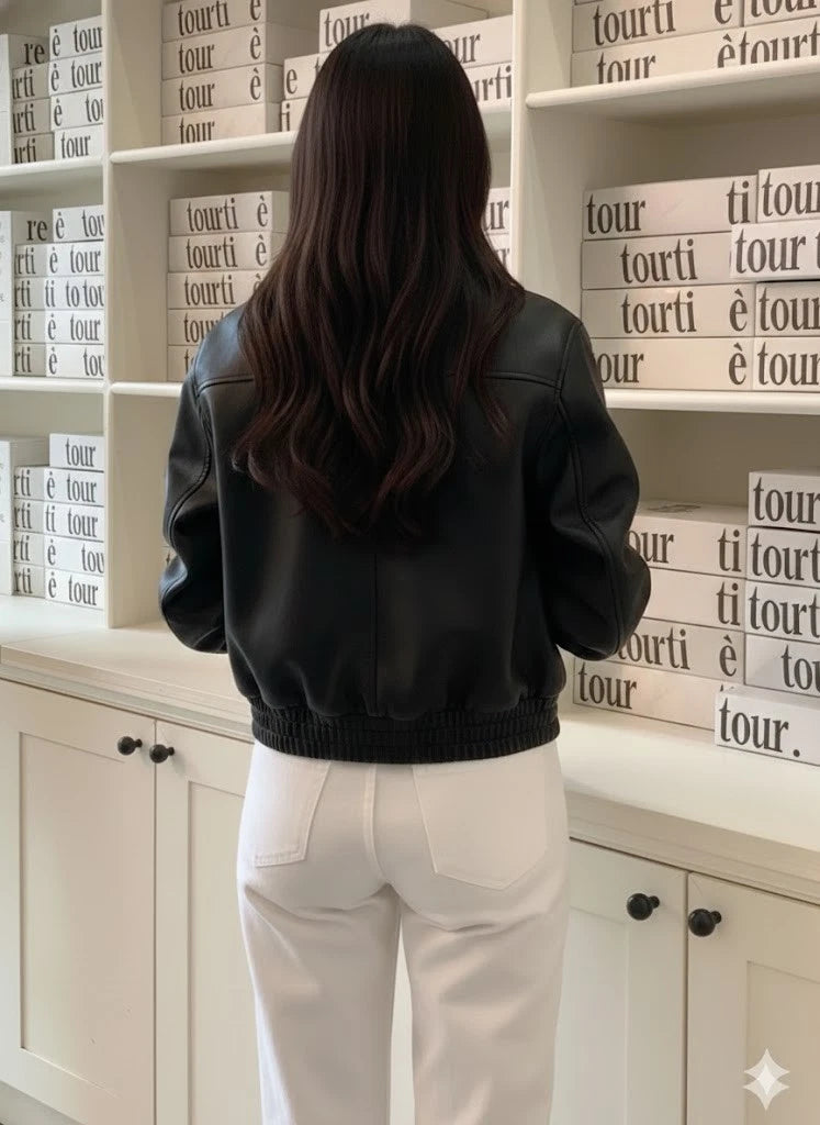 Women's Black Lambskin Original Premium Leather Bomber Jacket