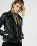 Women's Black Lambskin Premium Original Leather Quilted Shoulder Moto Jacket – bomber jacket, front view – Kamercio