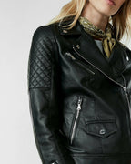 Women's Black Lambskin Premium Original Leather Quilted Shoulder Moto Jacket – bomber jacket, back view – Kamercio