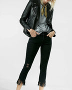 Women's Black Lambskin Premium Original Leather Quilted Shoulder Moto Jacket – bomber jacket, side view – Kamercio