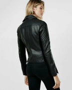 Women's Black Lambskin Premium Original Leather Quilted Shoulder Moto Jacket – bomber jacket, close-up detail – Kamercio
