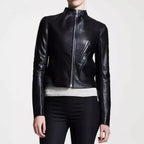 Women's Black Lambskin Premium Original Leather Stand Collar Jacket – leather jacket, front view – Kamercio