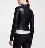 Women's Black Lambskin Premium Original Leather Stand Collar Jacket – leather jacket, back view – Kamercio
