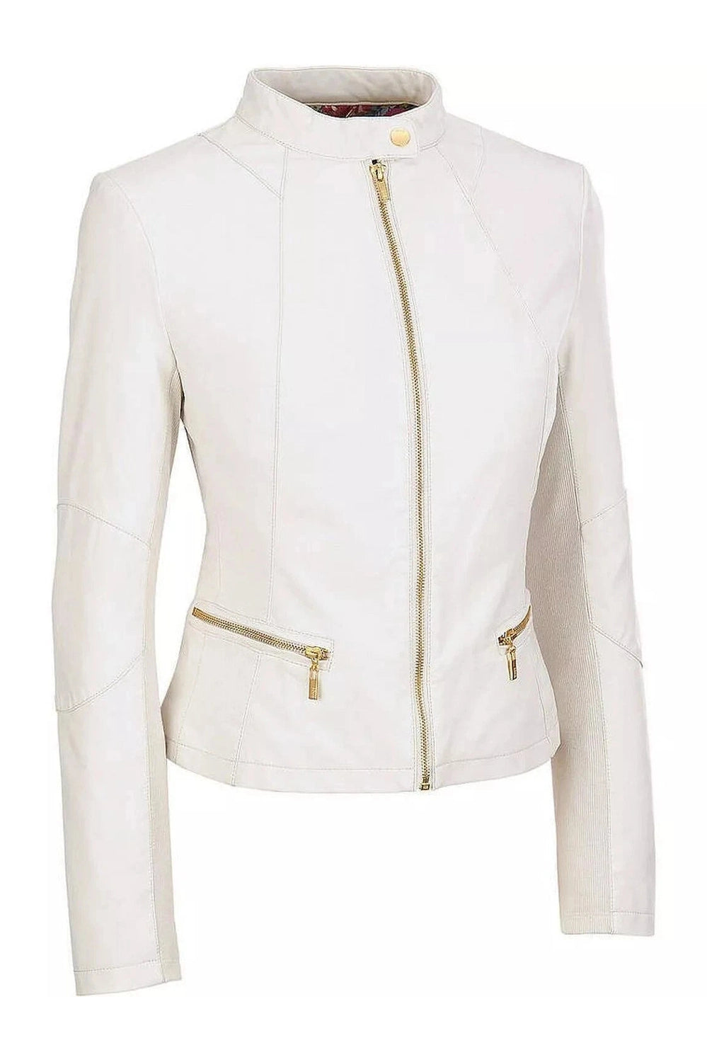 Women's Cream White Lambskin Premium Original Leather Moto Jacket with Gold Hardware
