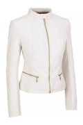 Women's Cream White Lambskin Premium Original Leather Moto Jacket with Gold Hardware
