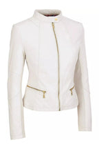 Women's Cream White Lambskin Premium Original Leather Moto Jacket with Gold Hardware