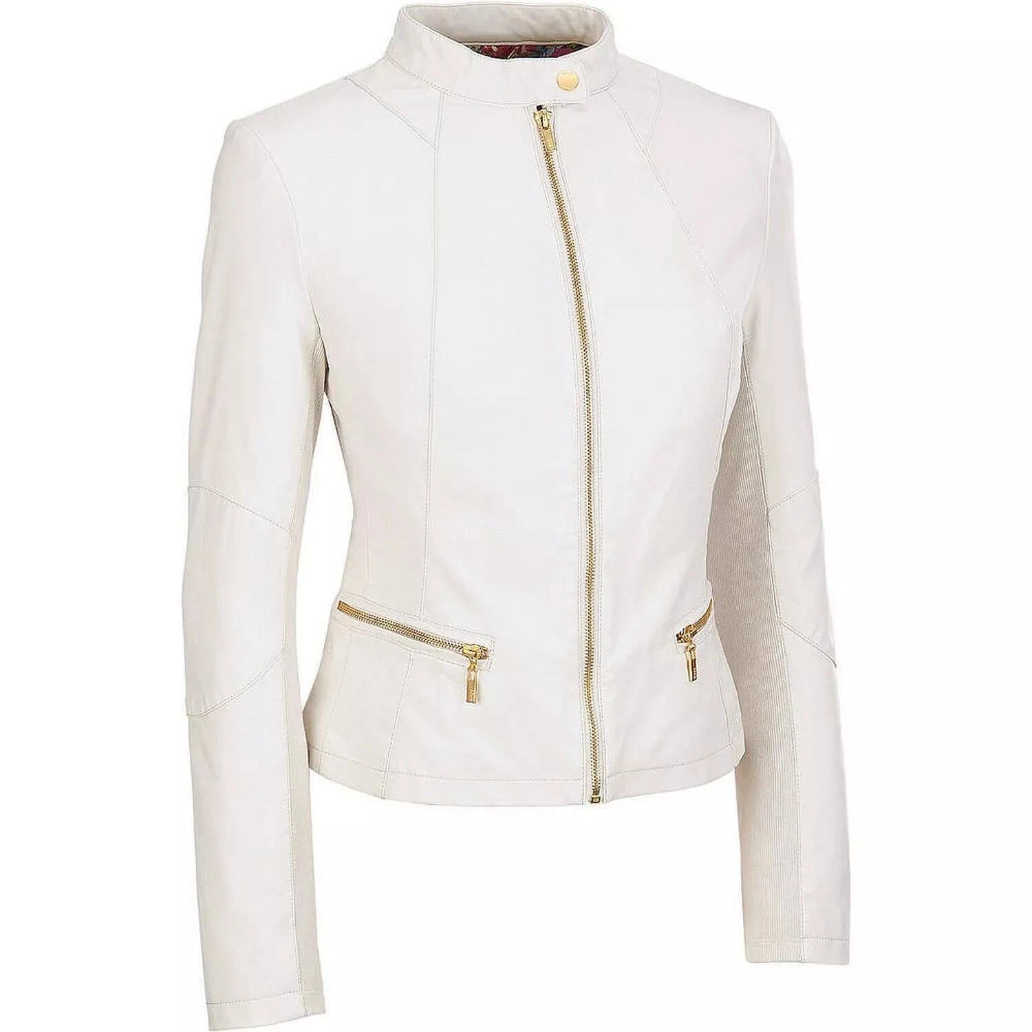 Women's Cream White Lambskin Premium Original Leather Moto Jacket with Gold Hardware