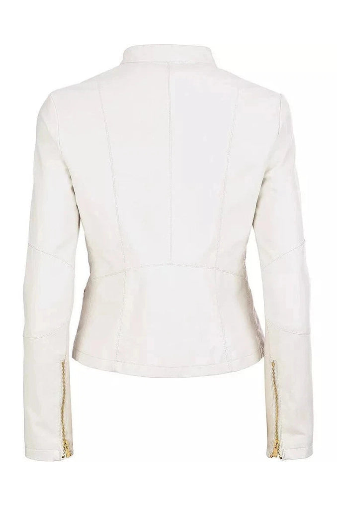 Women's Cream White Lambskin Premium Original Leather Moto Jacket with Gold Hardware