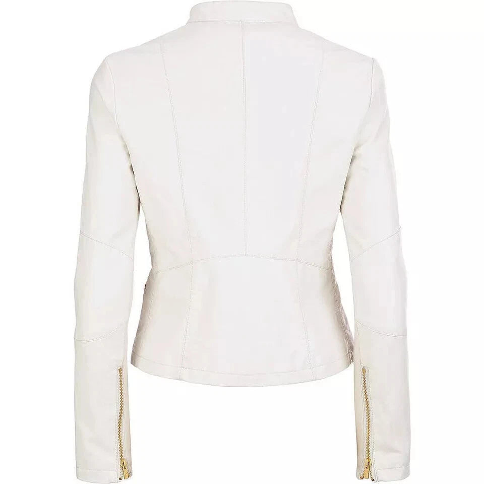 Women's Cream White Lambskin Premium Original Leather Moto Jacket with Gold Hardware