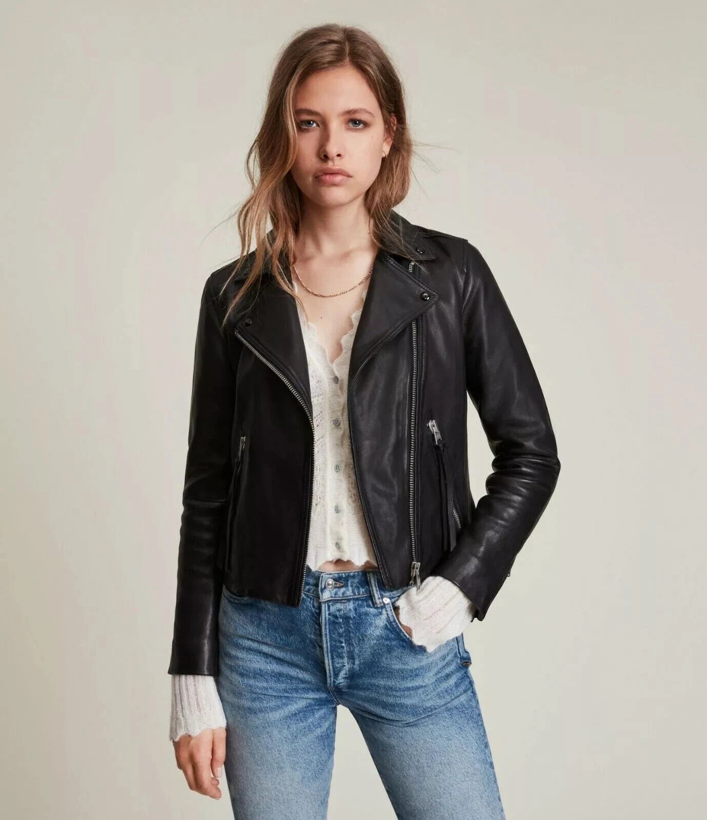 Women's Black Lambskin Original Leather Open Collar Biker Jacket