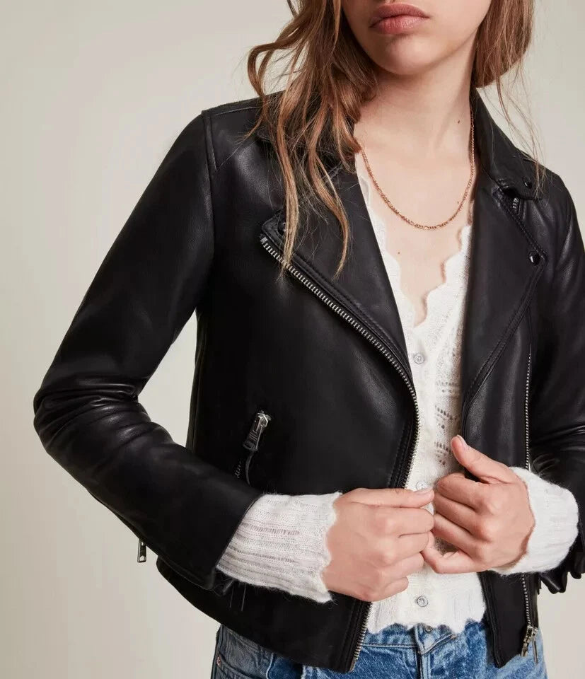 Women's Black Lambskin Original Leather Open Collar Biker Jacket