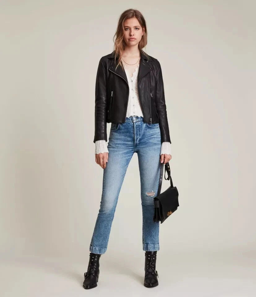 Women's Black Lambskin Original Leather Open Collar Biker Jacket