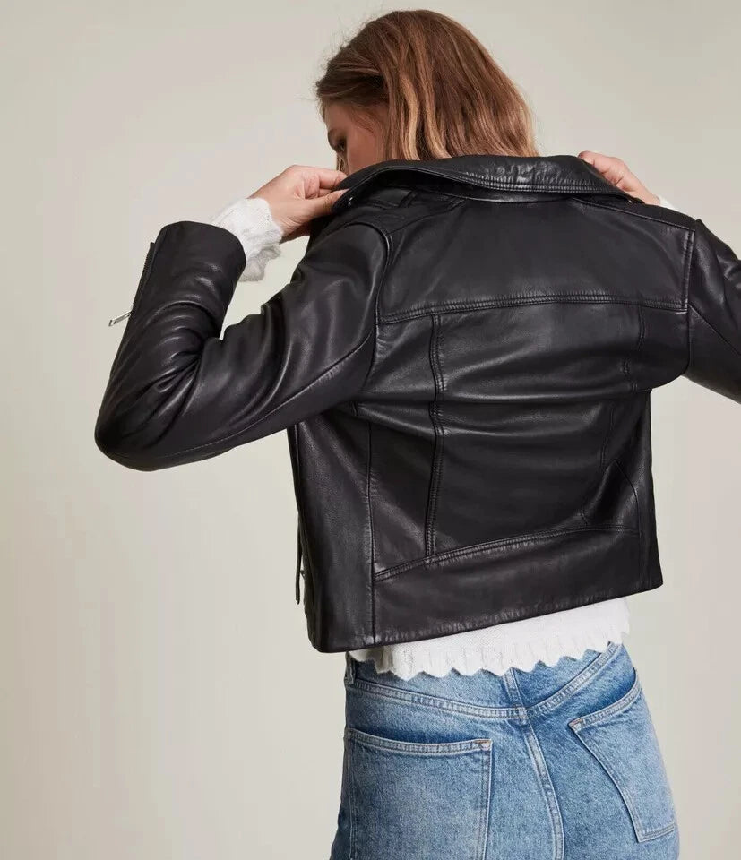 Women's Black Lambskin Original Leather Open Collar Biker Jacket