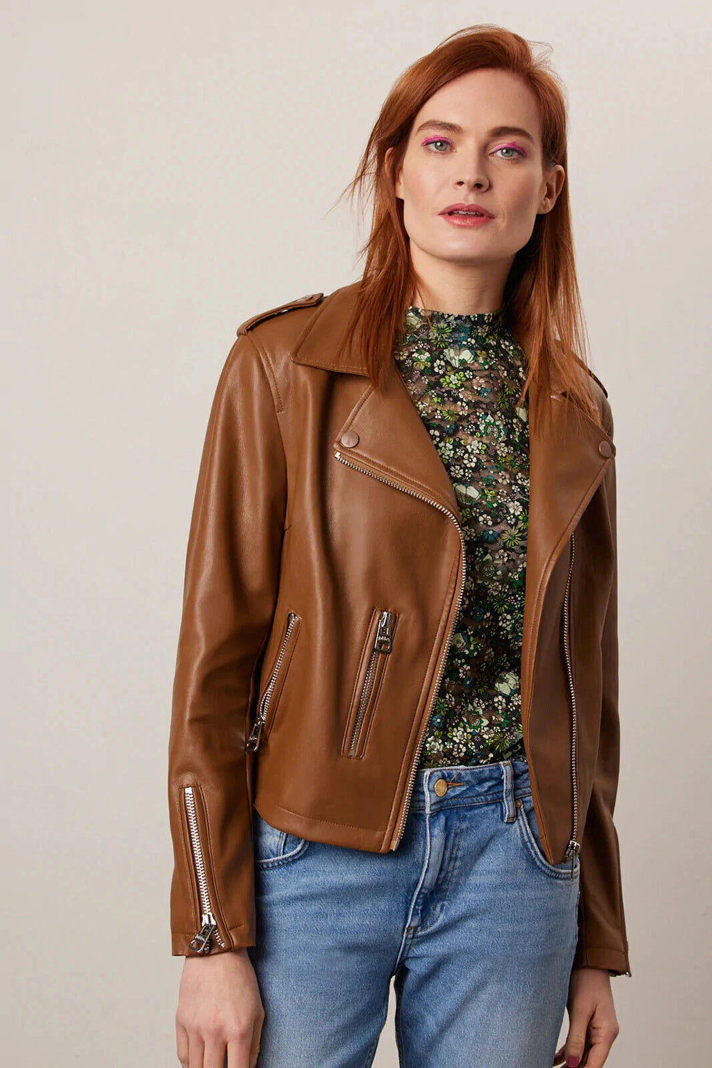 Women's Tan Brown Lambskin Premium Original Leather Biker Jacket with Gold Hardware