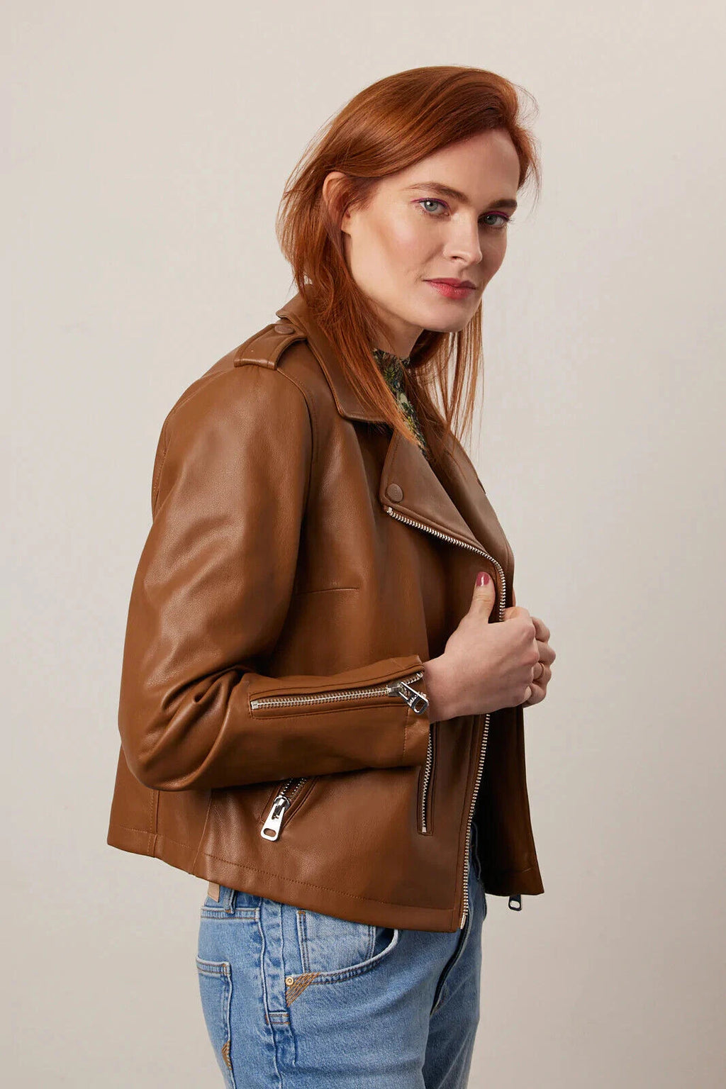 Women's Tan Brown Lambskin Premium Original Leather Biker Jacket with Gold Hardware