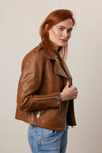 Women's Tan Brown Lambskin Premium Original Leather Biker Jacket with Gold Hardware