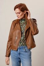 Women's Tan Brown Lambskin Premium Original Leather Biker Jacket with Gold Hardware