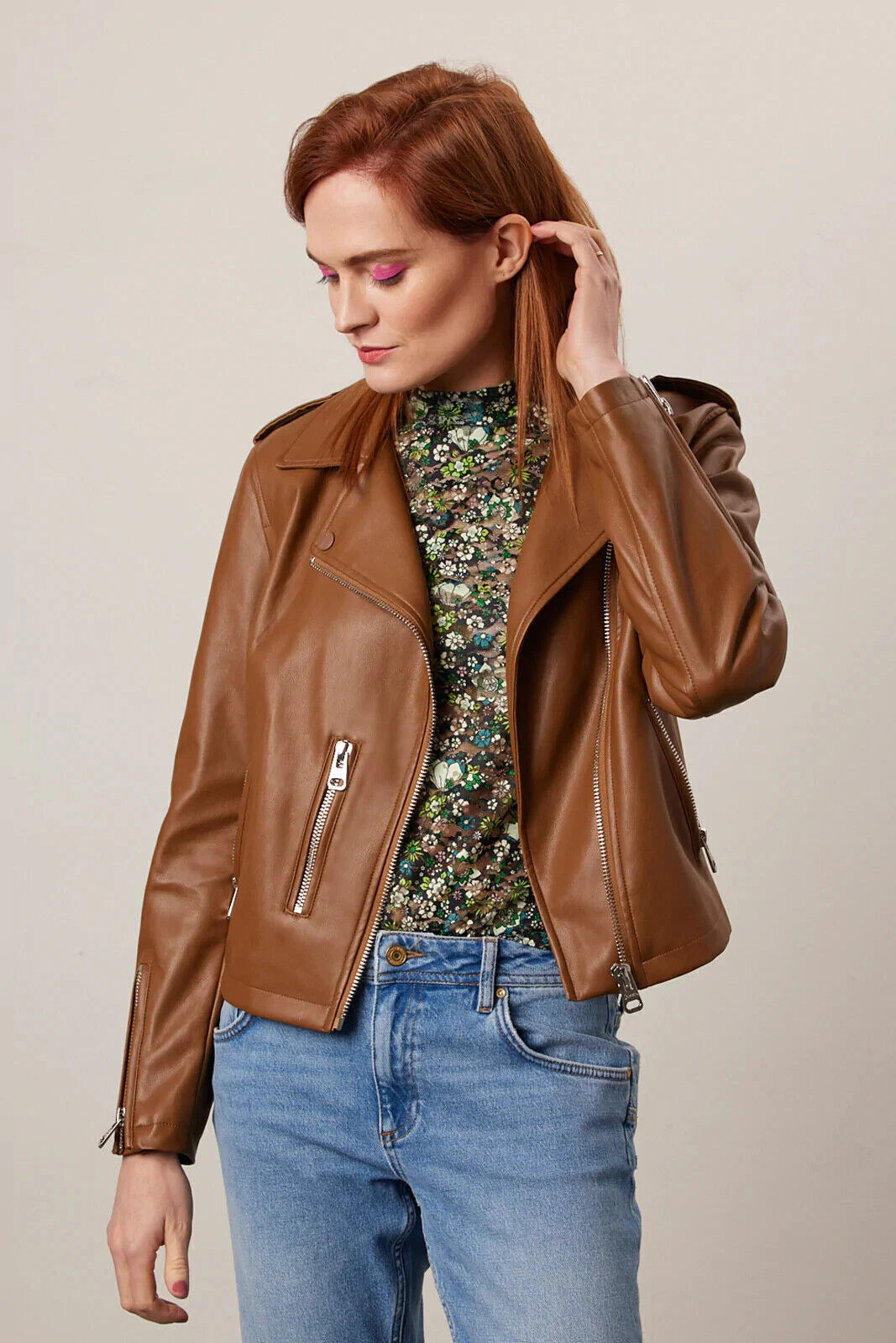 Women's Tan Brown Lambskin Premium Original Leather Biker Jacket with Gold Hardware