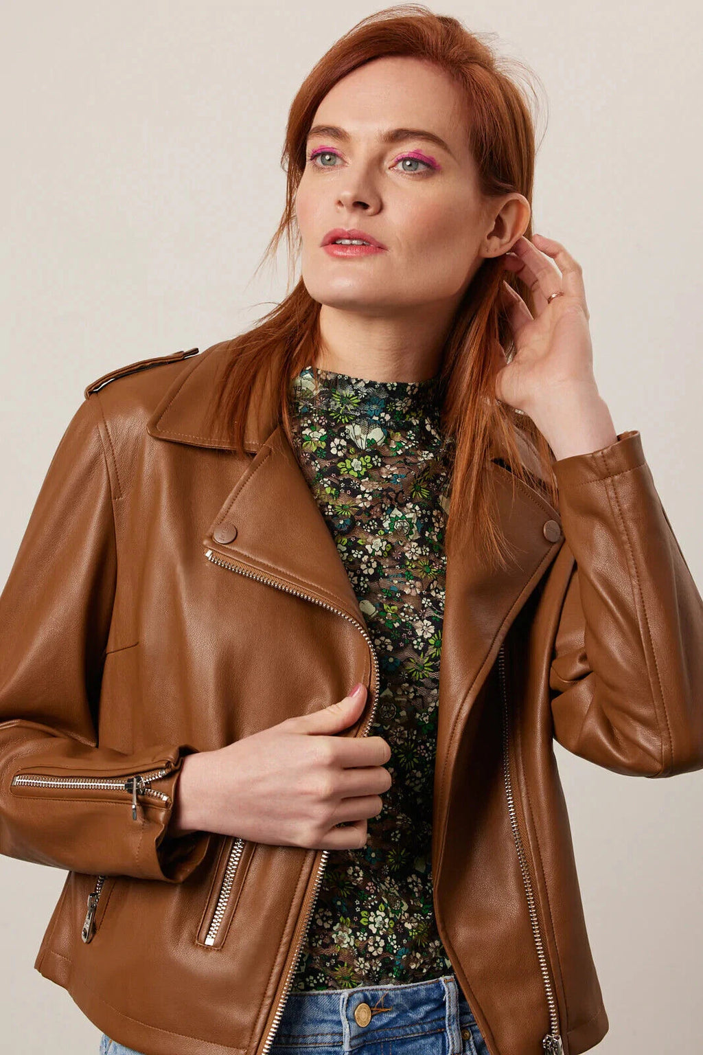 Women's Tan Brown Lambskin Premium Original Leather Biker Jacket with Gold Hardware