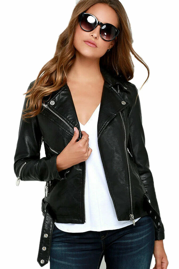 Women's Black Lambskin Original Leather Belted Premium Biker Jacket with Wide Lapels