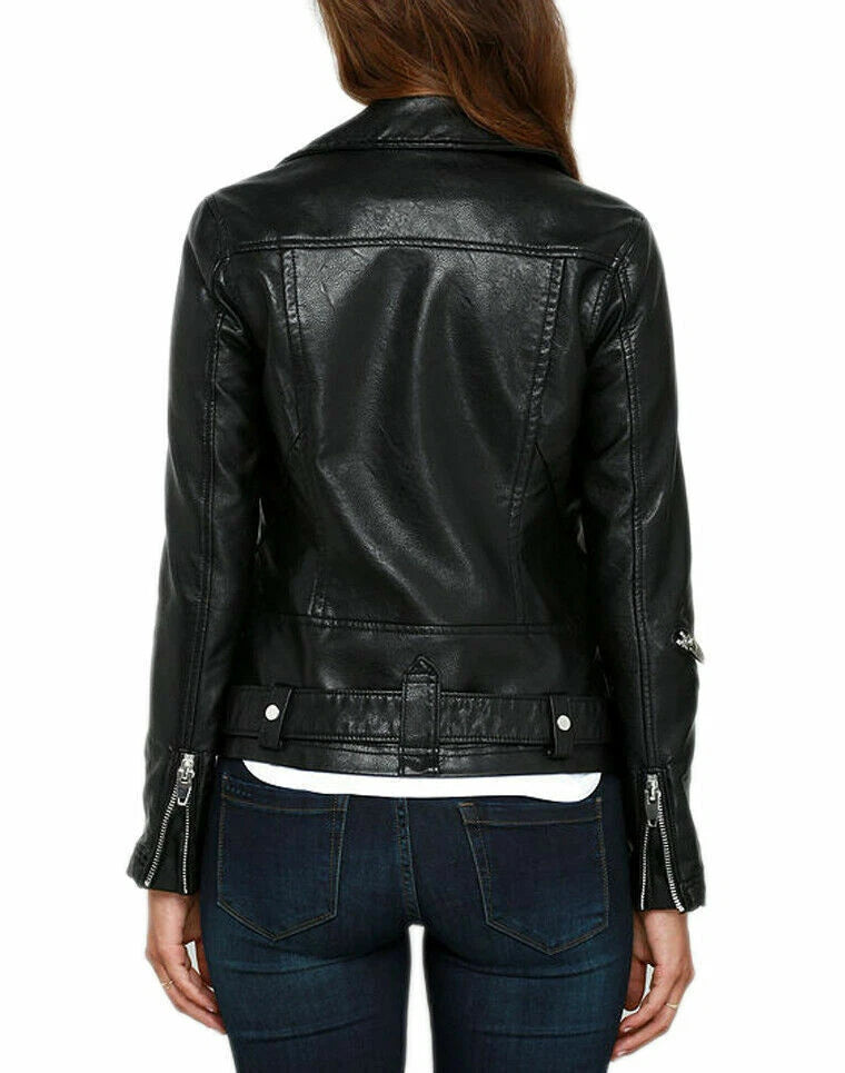 Women's Black Lambskin Original Leather Belted Premium Biker Jacket with Wide Lapels