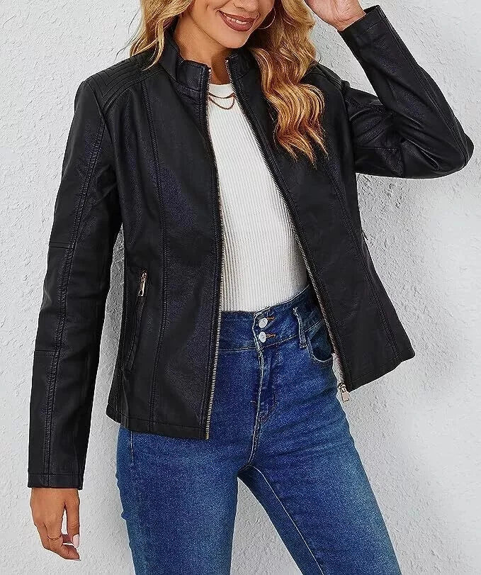 Women's Black Lambskin Original Leather Band Collar Zip-Up Jacket