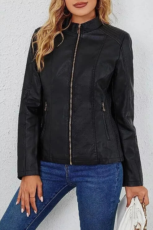Women's Black Lambskin Original Leather Band Collar Zip-Up Jacket