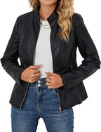 Women's Black Lambskin Original Leather Band Collar Zip-Up Jacket