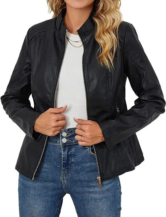 Women's Black Lambskin Original Leather Band Collar Zip-Up Jacket
